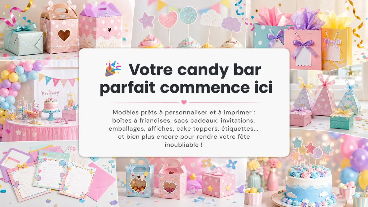 Votre candy bar parfait commence ici — boîtes, sacs, invitations, cake toppers, étiquettes